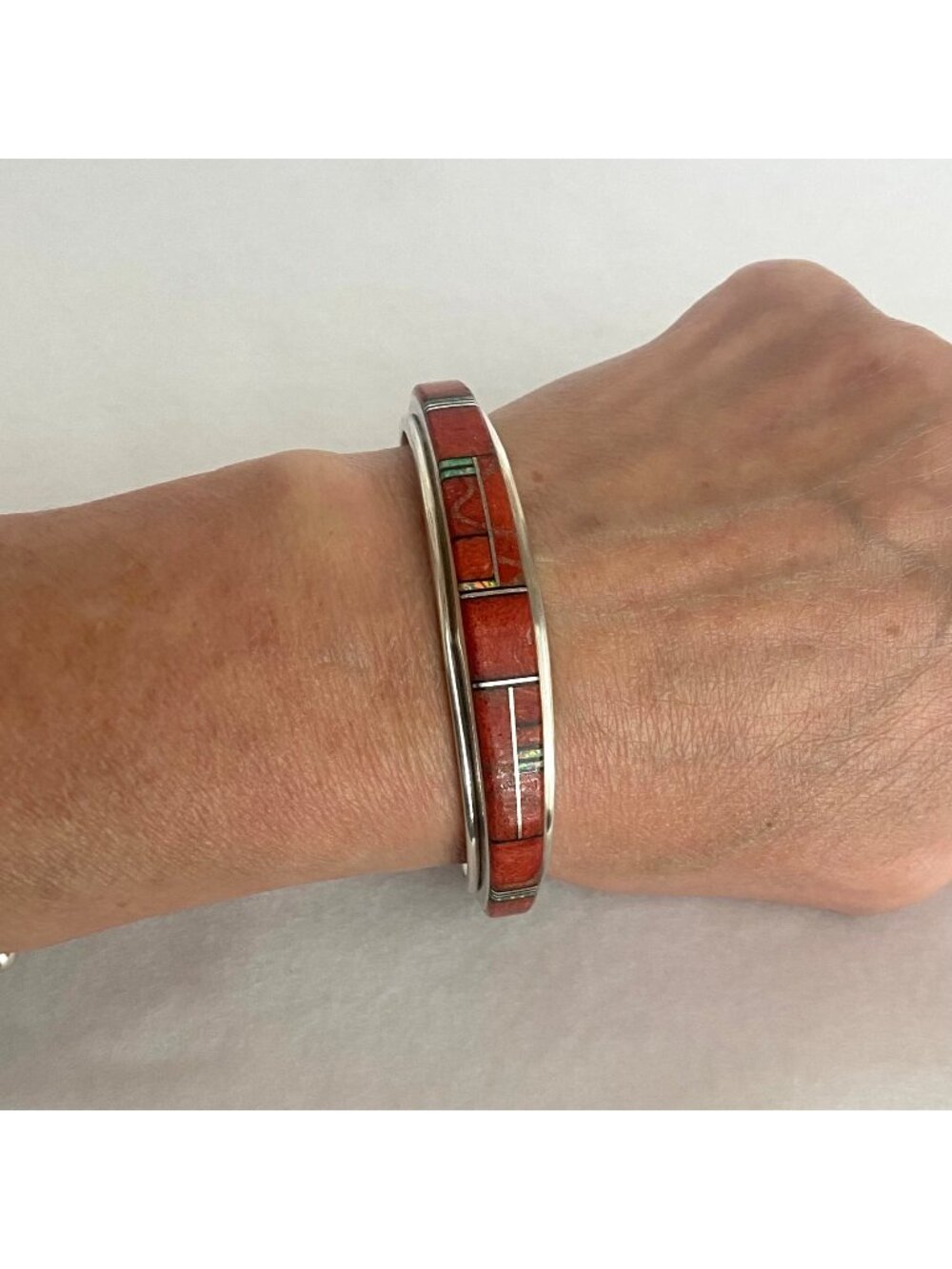 VTG Russell Sam Heavy Sterling Silver Navajo Coral Opal Inlay Cuff Bracelet 6.25